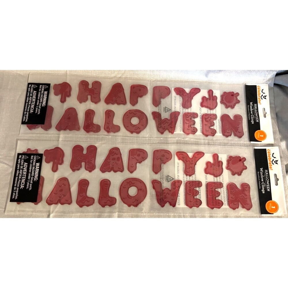 Set of 2 “Way to Celebrate!" Bloody Red Happy Halloween Window Gel Clings